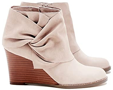 Fashare Womens Wedge Booties Ankle Heels Boots Bow Knot Stacked Heeled Winter Dress Shoes, Nude, Size 8