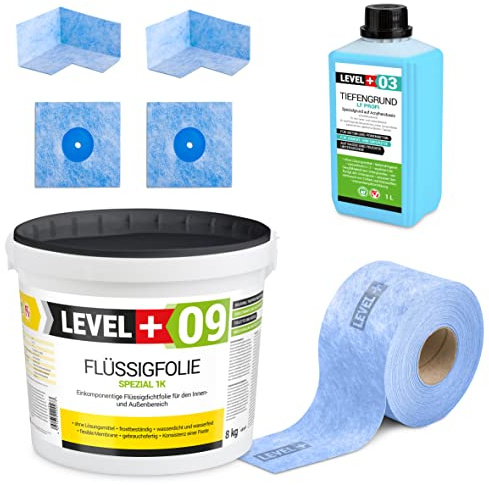 Lot de 8 kg de film liquide, fond de 1 L, 5 m de ruban d'étanchéité, 2 coins intérieurs, 2 manchons muraux, joint de salle de bain, balcon, terrasse SET63