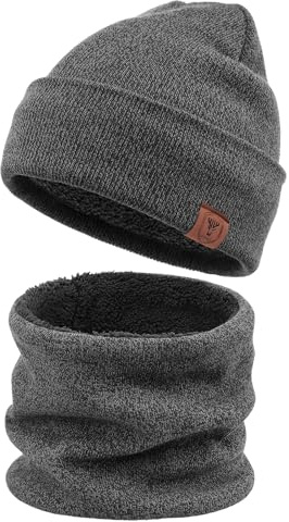 OZERO Winter Beanie Hat and Scarf Set for Men, Fleece-Lined for Dog Walking | Lightweight warmth, fleece lining, fine or chunky knit, pull-on neck warmer, 52-60 cm adult fit, commuters and dog walkers