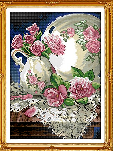 11CT vorgedrucktes gestanztes DIY-Kreuzstich-Stickset, komplette Reihe von Anfänger-Startersets - Vase und Rose 27 x 39 cm