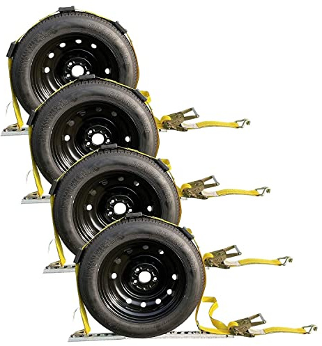 Autofonder Heavy Duty Vehicle Tie Down Kit - 10,000lb Guaranteed Break Strength - Use for Car, Truck, UTV - (4) Premium 2 x 10' Ratchet Straps with Rubber Blocks Wheel Tie Down Straps(Yellow)