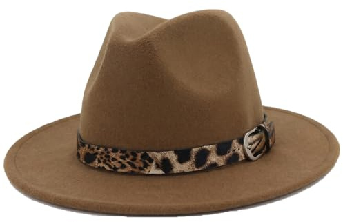 Chapeau panama Fedora en feutre à large bord pour femme avec boucle de ceinture imprimé léopard pour plage, mariage, voyage