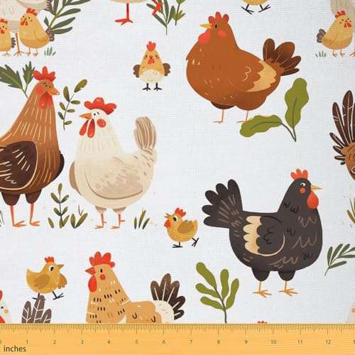 Farmhouse Hen Dekostoff für den Innenbereich, Cartoon-Huhn, rustikale Tiere, für den Innenbereich, weiches Polyester, kein Stretch-Stoff, grüne Blätter, Unkraut, Pflanzen, Quilten, Nähen, Kunst, 2