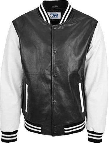 DR182 - Giacca da uomo in pelle per college e ragazzo Varsity nero bianco, Nero e bianco, M