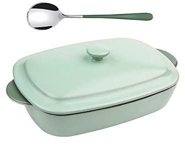 Pirofila in Ceramica Con Coperchio, Con Cucchiaio in Omaggio, Fondo Antiscivolo, Adatto Per Gratinare, Torta, Pane,Verde