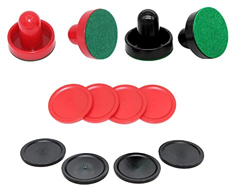 HugeDE 4 Pcs Air Hockey Pushers with 8 Pcs Air Hockey Pucks Air Hockey Paddles Goal Handles Paddles Replacement Accessories Red Blacke