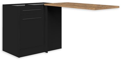 Jazz Moderner Eckschrank Küche mit Arbeitsplatte in Schwarz matt, Lanzelot Eiche Optik - Geräumiger Eck-Unterschrank mit viel Stauraum - 115 x 90 x 60 cm (B/H/T)