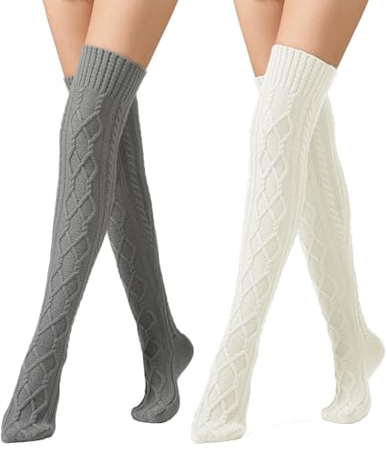 Leoparts Cable Knit Thigh High Socks for Women Over the Knee Boot Socks Extra Long Leg Warmer Winter Stockings