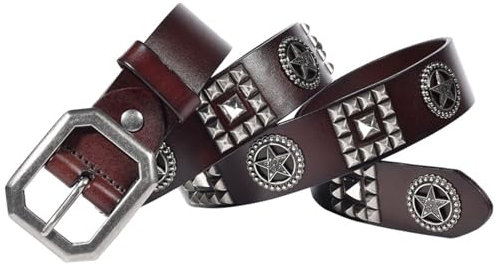 NALANY Herren Damen Nietengürtel im Punk Rock Style Rindsleder Ledergürtel mit Pentagramm und Pyramidennieten Quadratischer Spike Punk Gürtel (105cm/41, Coffee)