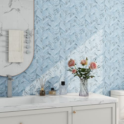 Livelynine Selbstklebende Tapete Blau Fischgrätenmuster Klebefolie Möbel Blau Grau Weiß Tapete Selbstklebend Wand Schlafzimmer Badezimmer Wasserfest Möbelfolie Selbstklebend Shrank Kommode 40CMx2M