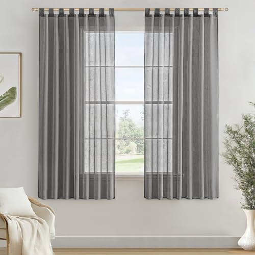 MIULEE Voile Gardine Leineneffekt 2er Set B140 H160 Dunkelgrau | Halbtransparente Voile mit natürlichem Leineneffekt und praktischen Schlaufen, Deko für Wohnzimmer und Schlafzimmer