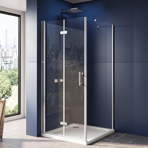 LUXESPIRE Duschkabine Eckeinstieg 70x70x195cm 180° Falttür mit Seitenwand 6mm Nano Glas Eckdusche Drehtür Klapptür Duschabtrennung für Badezimmer
