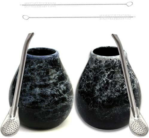 Gaucho Cebar Yerba Maté Kalebasse Set pour Deux ● Gobelets à thé Marmol Blue et Dark 350 ML ● Tasse en céramique ● Paille Bombilla en Acier Inoxydable 19 cm ● Brosse de Nettoyage