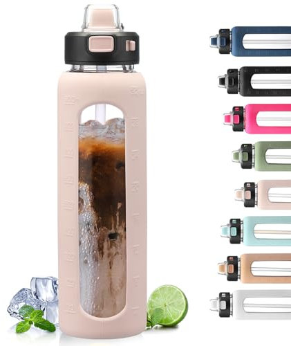 BLUEGO 900ml Glass Water Bottle with Handle and Straw Drinking Hydration Bottle with Silicone Sleeve and Time Marking Motivational Water Bottle for Gym Sports Outdoor Leak-proof,Pink