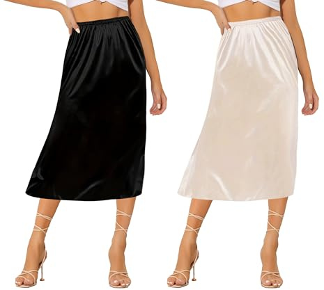 Ellames Women's 2 Pieces Half Slips for Under Dresses Satin Long Underskirt Half Slip Shirt Skirt Extender Black & Nude 27 XX-Large