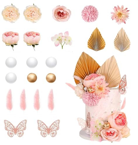 22 Pcs Cake Decoration Pink Cake Decorations with Paper Palm Fan and Butterfly Artificial Rose Flowers Cake Toppers Boho Cake Picks for Birthday Wedding Anniversary(Pink)