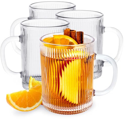 KONZEPT Teegläser mit Henkel Set 4er, 350 ml, geriffelte, ideal als Kaffeegläser