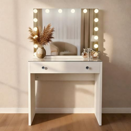 CLP Tocador Mereta con Espejo Hollywood I Tocador con iluminación LED I con cajón, Tapa de Cristal y Puertos USB, Color:Blanco