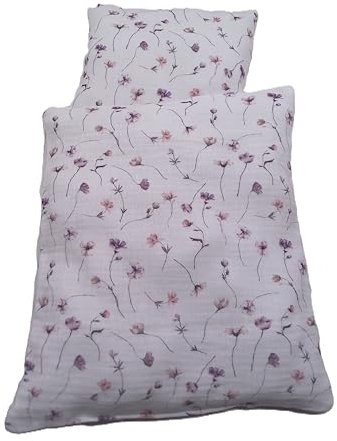 Puppenbettwäsche Musselin, Farbton ivory mit zarten Blütenranken in 2 Größen (klein 27b x 32 h)