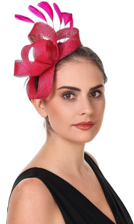Haoijng Fascinator-Hut für Damen, Cocktail, Teeparty, Kopfbedeckung, Blume, Netzband, Federn, Stirnband, B1-Fuchsia, M
