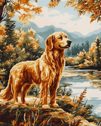 AYAOYANGGO 11CT Kreuzstich Set Stickset „Golden Retriever Am Fluss“，Kreuzstichset Für Erwachsene Mit Nadeln，Schereneinfädler，Vordruck Für Die Wanddekoration Zu Hause 40x50cm
