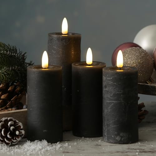 MARELIDA LED Kerze in Rustik Optik Echtwachskerzen Stumpenkerzen mit leicht flackernder Flamme und Timer Wachskerze für Innen kerzenset Adventskranzkerzen in grau (D: 5cm - 4er Set Kerzen)