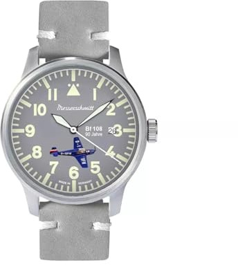 Messerschmitt ME-42BF108-M Fliegeruhr - Herrenuhr mit Geschichte - 43 mm Edelstahl - Schweizer 515 Quarz - graues Zifferblatt - hellgraues Lederband - Leuchtzeiger - Made in Germany