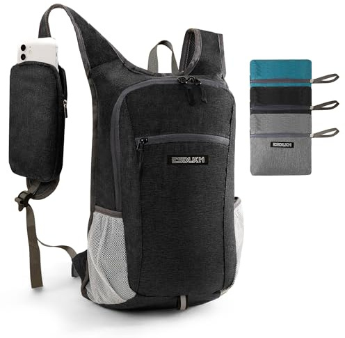 ESDLKH Small Hiking Backpack with Detachable Front Phone Holder, Foldable Packable Back pack with Chest and Waist Strap, Lightweight Daypack for Women Men (Black, 15L)