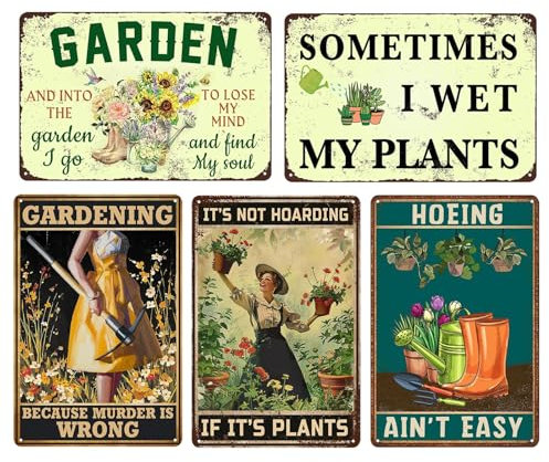 Funny Vintage Metal Tin Garden Signs - Gardening Gifts for Women, Metal Garden Decor for Outdoor, Patio, Yard - allotment gifts for Mothers, Grandmas, and Plant Lovers 20 x 30 cm（5pcs）