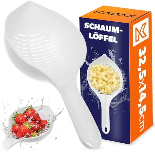 KADAX Passoire de cuisine 32,5 x 14,5 cm, en plastique avec poignée, passoire en plastique sans BPA, passoire à pâtes, passoire en plastique, passoire à laver, écumoire, blanche