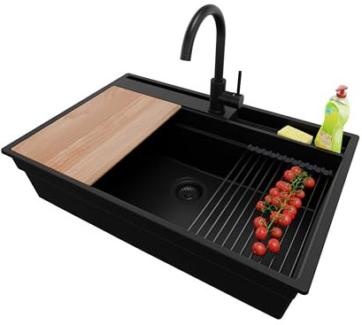 PRIMAGRAN Lavandino da Cucina Tutto Nero 78x53cm, Lavello in Granito a 1 vasca + Rubinetto 32x20cm + Set di accessori, Lavabo Incasso al mobile 80cm - Oslo Pocket S252