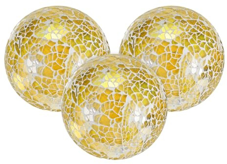 M METERXITY 3-Pack Decorative Ball 4 inch Mosaic Glass, Yellow | Decorative Glass Orbs, for Bowls, for Home Decor, Dining Tables, Wedding Party, Coffee Table, Centerpiece Decor