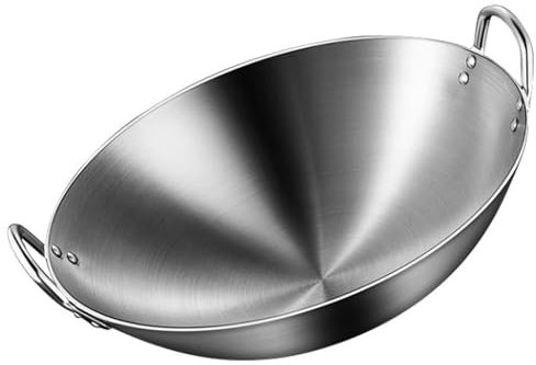 Sartén wok de acero inoxidable con asas dobles, sartén inferior redonda para freír chino, sartén multiusos resistente para cocina de gas, opciones de tamaño de 34 a 60 cm