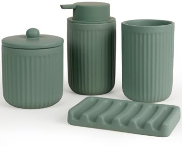 Autumnlife Set da bagno verde, 4 pezzi accessori da bagno in ceramica, dispenser di sapone da 350 ml, bicchiere per spazzolino, portasapone e bastoncino di cotone, set decorativo per lavandino