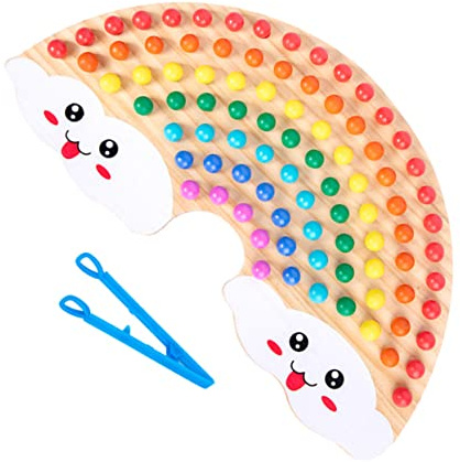 Didiseaon 1 Set Rainbow Bead Clipping Color Recognition Wooden Board Game for Fun Educational Plaything for Birthday Safe Bright and Easy to Grasp
