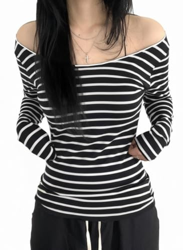 EMMIOL Off The Shoulder Tops for Women Striped Long Sleeve Shirts Going Out Top Y2k Fall Clothes Black