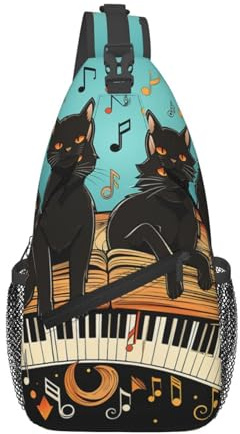 MXPELGHMAD Bolso bandolera cruzado para el pecho, bolso cruzado con flores rosas, mochila de viaje, senderismo, mochila de día, Cuatro gatos negros tumbados en el teclado de piano, Talla única