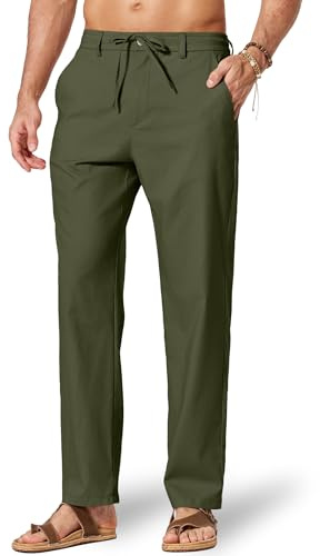 COOFANDY Men's Cotton Linen Pants Casual Drawstring Dress Pants Beach Summer Lightweight Trousers Olive Green
