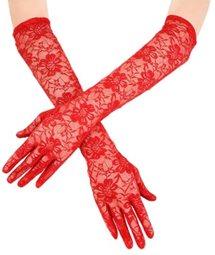 GAZIL Long Red Lace Gloves for Women, Floral Elbow Length Opera Gloves Stretchy Lace Glove for Bridal Wedding, Vintage for Party, Dance, Masquerade Costumes
