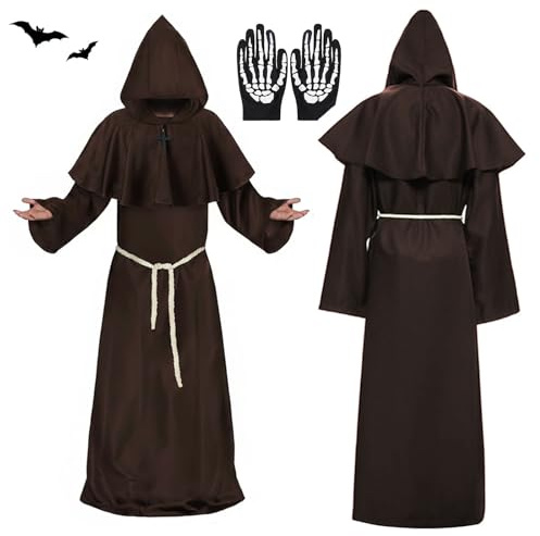 Tccydm Costume da Monaco Medievale Abito Sacerdote,Costume Monaco,monaco costume,costume frate uomo,Con Cappuccio Corda In Vita E Collana A Croce,Costumi carnevale Adulti,per Carnevale Cosplay (XL)