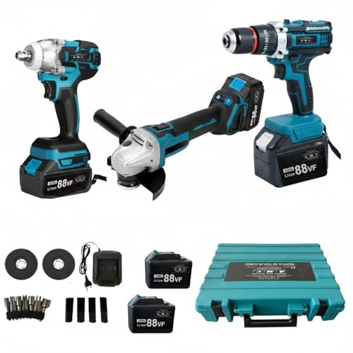 Dealix Kit Utensili 3 in 1 88V: Trapano, Smerigliatrice e Avvitatore a Impulsi - Set Cordless con 2 Batterie e Valigetta