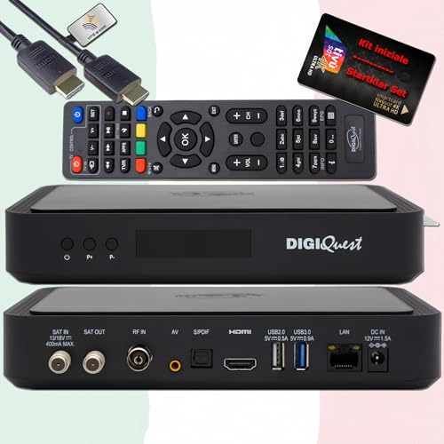 DigiQuest Q99 - Receptor satélite 4K UHD con tarjeta TiVuSat activada, color negro - Italiano TV Rai Mediaset LA7, DVB-S2/T2, HEVC HDR, PVR Ready, LAN, USB, receptor certificado + cable HTS e-com HDMI