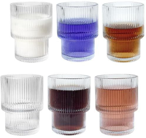 7 oz Ribbed Drinking Glasses Set of 6, Clear Vintage Iced Coffee Cups Glassware, Highball Glasses Ridged Glass Tumbler for Coocktail, Whiskey, Beer, Water