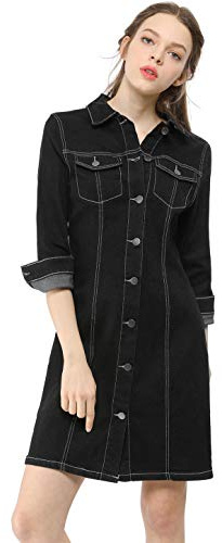 Allegra K Women's Button Down Denim Dress 3/4 Sleeve Summer 2025 Jeans Mini Dress Small Black