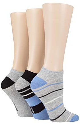 SockShop Ladies Striped, Plain and Mesh Bamboo Trainer Socks Pack of 3 Grey/Cornflower 4-8