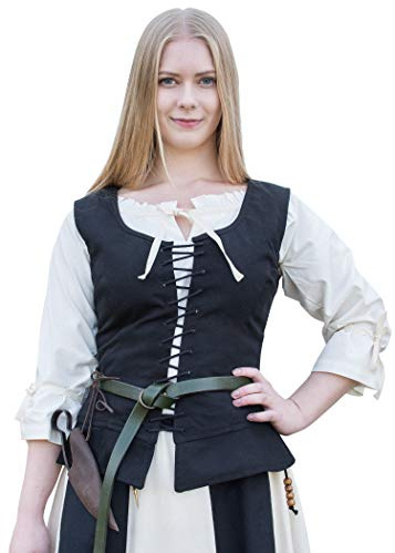 Battle-Merchant Mittelalter Korsage Tilda | Trachtenweste mit breiten Trägern aus Baumwolle | Spätmittelalter LARP Gewandung als Kostüm oder Tracht | Schwarz oder Braun Größen S-XXL