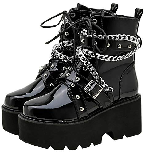 Parisuit Womens Goth Patent Ankle Boots Platform Chunky High Heel Lace Up Combat Boots Punk Buckle Chain Booties-black size 8.5