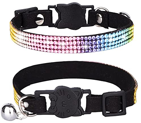 FUNAT Katzenhalsband mit Strasssteinen mit Glocke, Mikrofaser Weiches und bequemes Katzenhalsband, Katzenhalsband mit Katzenkopf-Sicherheitsschnalle