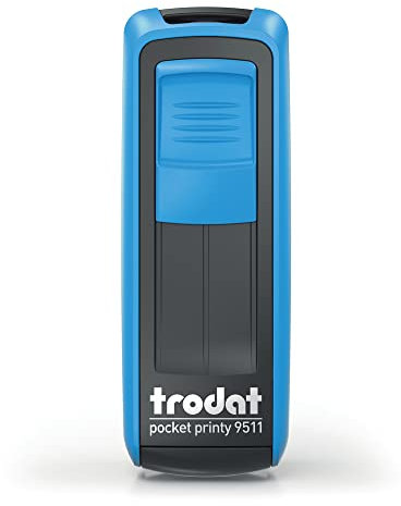 Trodat -Pocket Printy 9511 – Taschenstempel mit Wunschtext personalisieren, hier gleich online gestalten Gehäusefarbe himmelblau – Adresstempel - mit Wunschtext – 38X14 mm, 4 Zeilen -