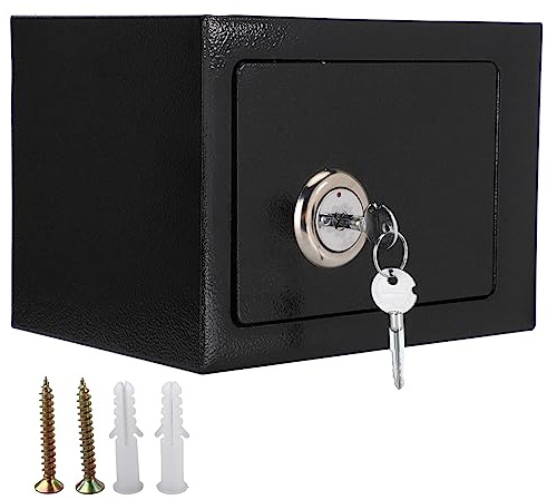Safe mit Schlüssel-Schloss, Möbeltresor mit vorgebohrten Löchern können, wandsafe geldkassette Doppelstahlbolzen 23 x 17 x 17,3 cm Schwarz
